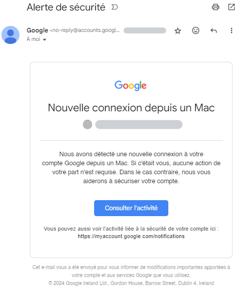 Email d'alerte de sécurité Google